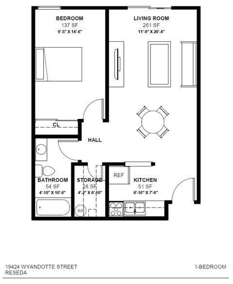 Floor plan for 1 bed, 1 bath, 550 sqft
